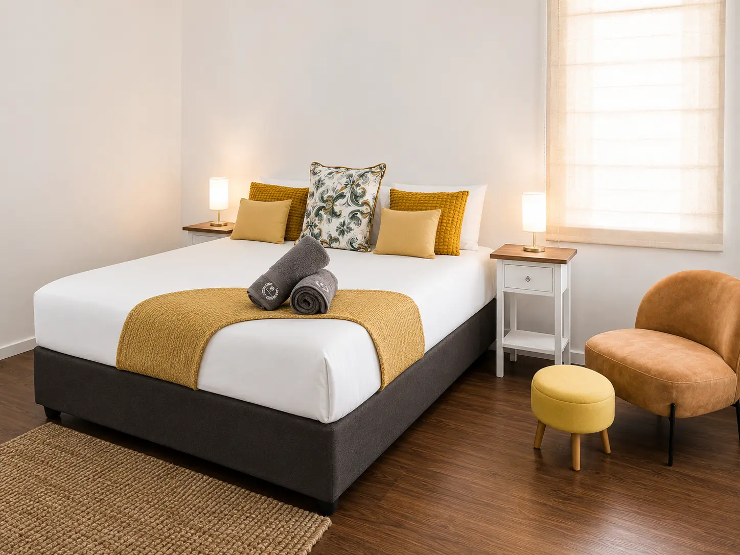 Main bedroom with armchair and side table